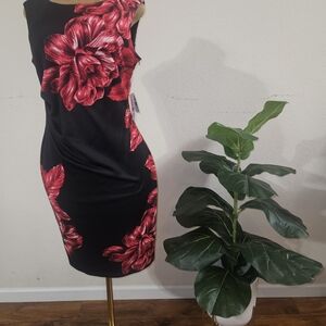 Glamour One Shoulder Black Dress with Red Floral Design